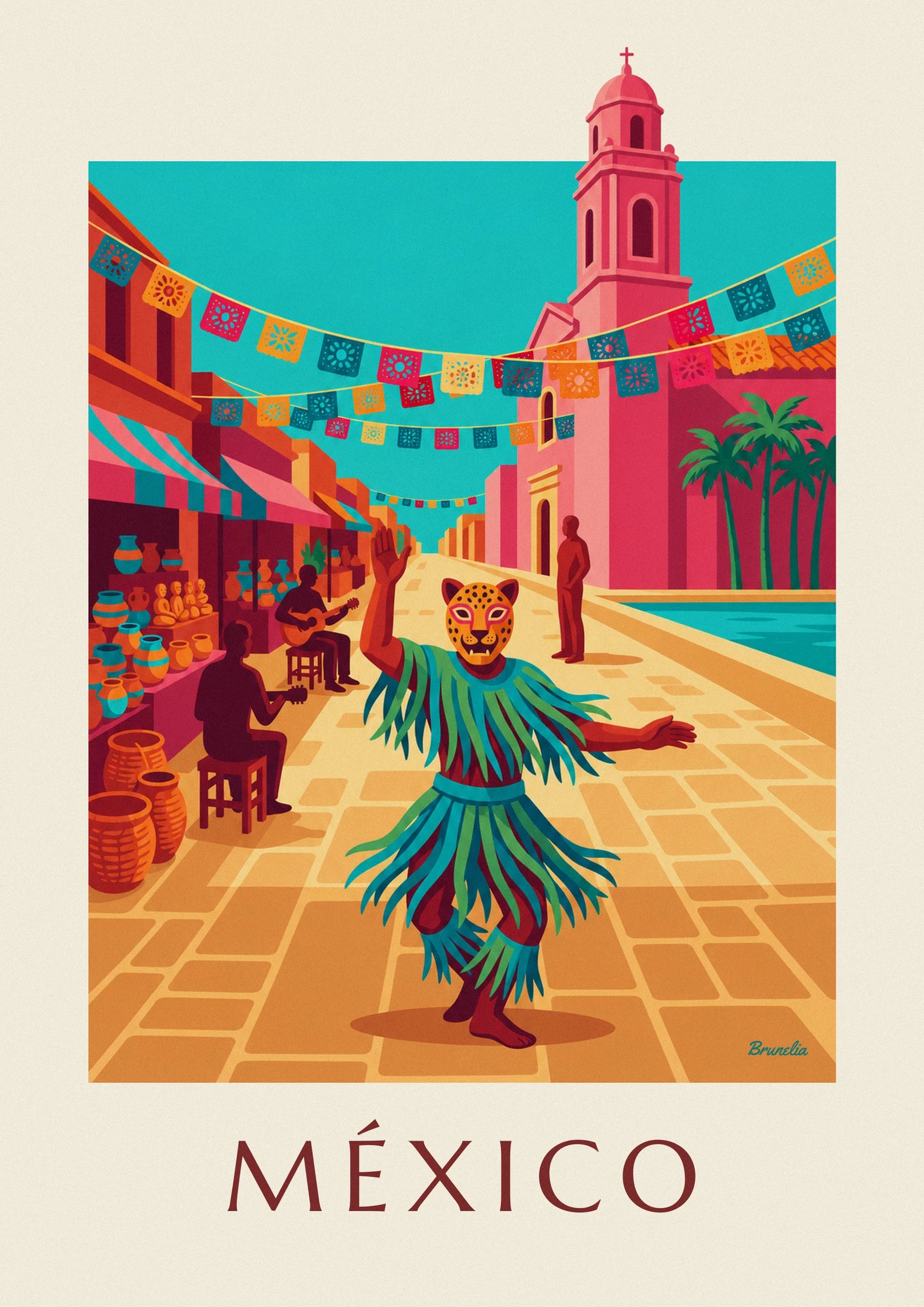 The dancer in a jaguar mask and a costume with green fringes in the square