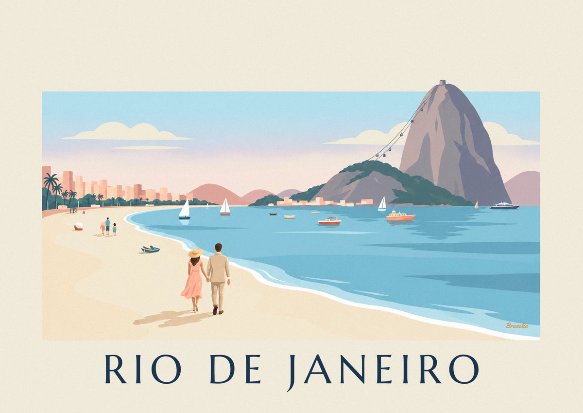 Rio couple on Botafogo beach facing Sugarloaf Mountain poster