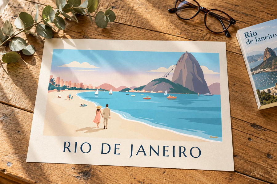 Affiche couple sur la plage de Botafogo face au Pain de Sucre à Rio : posée sur une table