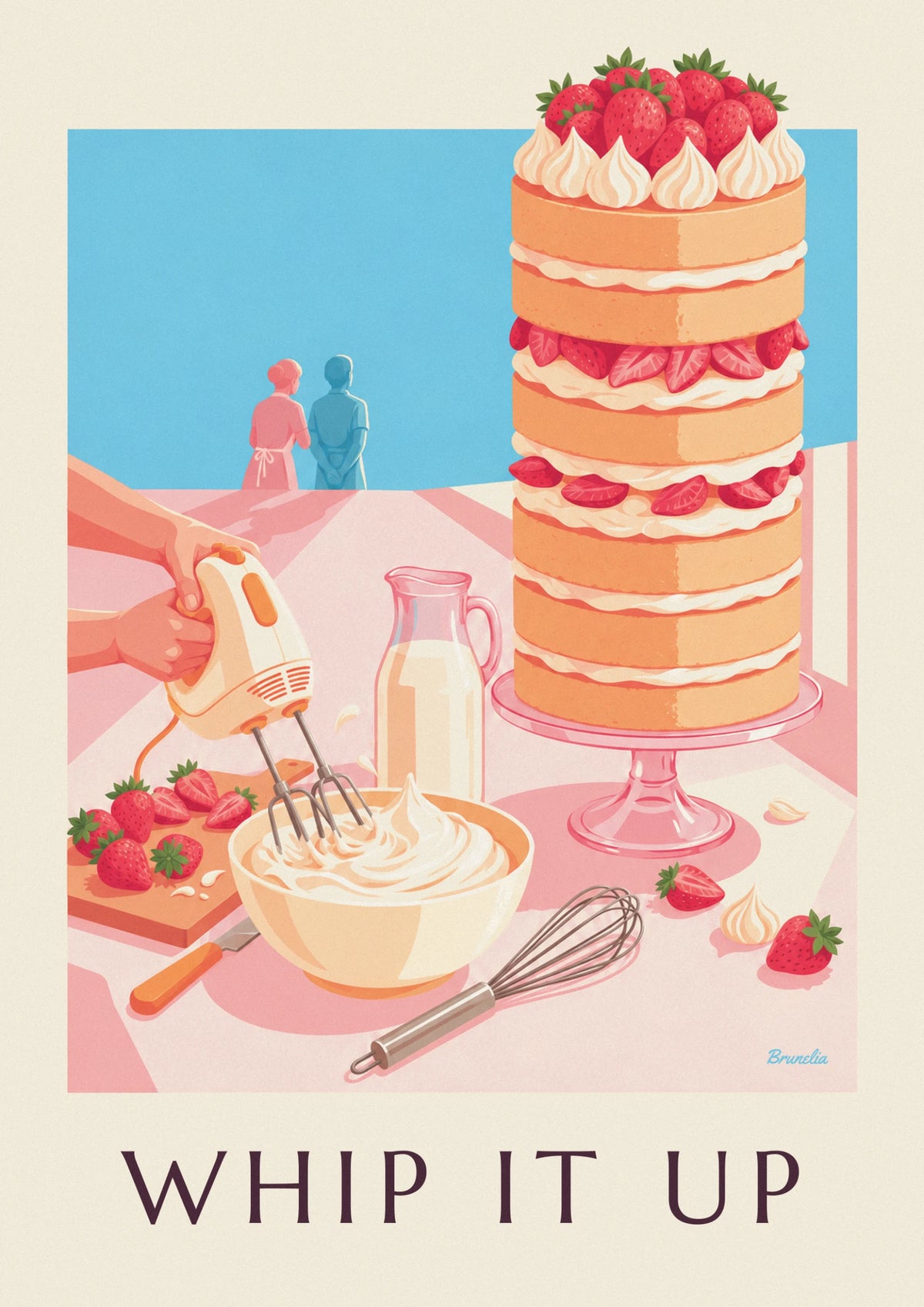 Poster Handmixer, Schlagsahne und Erdbeerkuchen