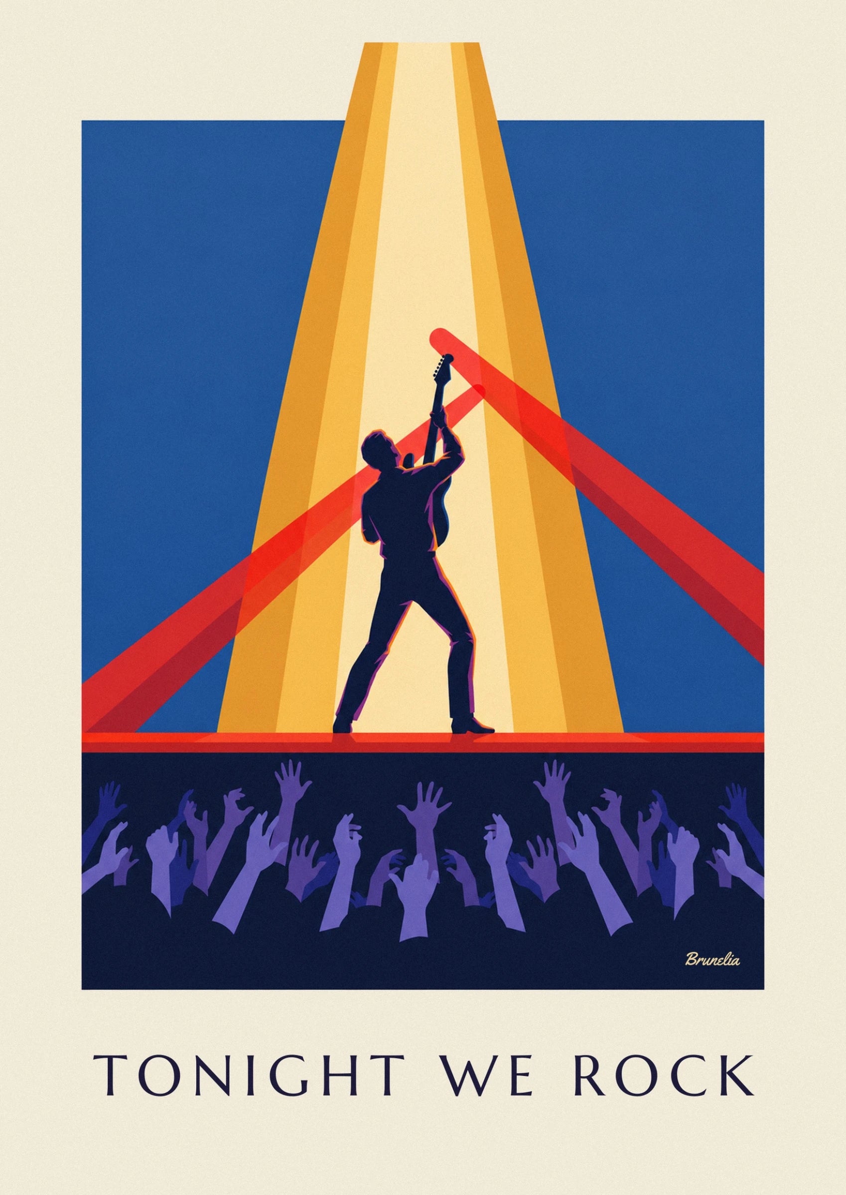 Der Gitarrist in dunkler Silhouette, die Gitarre erhoben, unter gelben und roten Lichtstrahlen