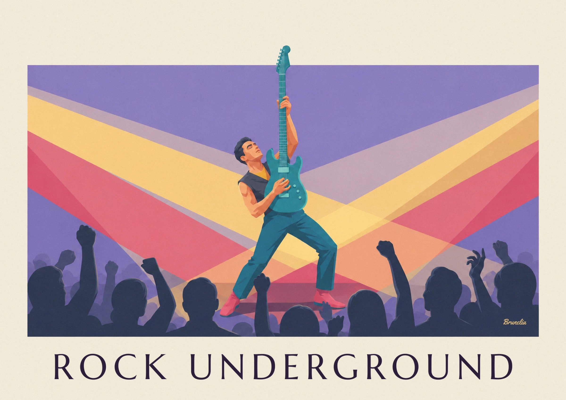 The guitarist in blue trousers and pink ankle boots, his turquoise guitar held upright