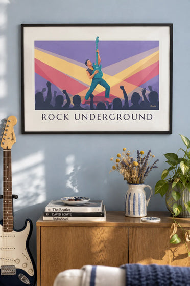 Poster E-Gitarrist in einem verrauchten Rockclub: gerahmt an der Wand