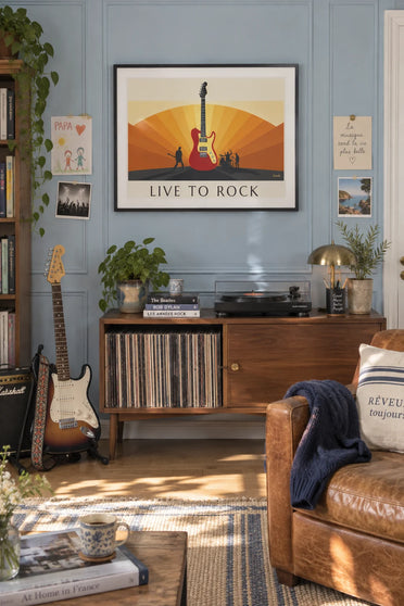 Poster E-Gitarre und Silhouetten von Rockmusikern: gerahmt an der Wand
