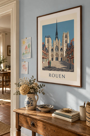 Affiche cathédrale Notre-Dame de Rouen et maisons à colombages : encadrée au mur