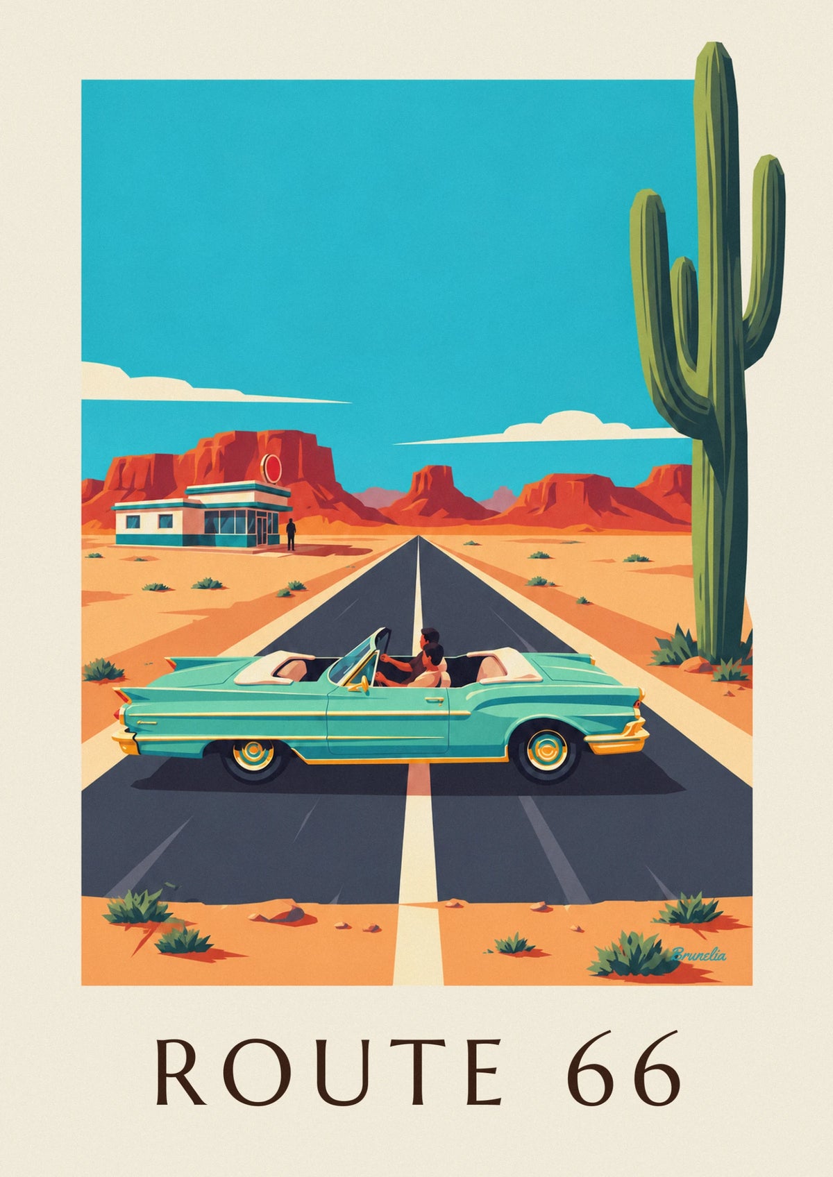 Affiche voiture sur la Route 66 dans le désert américain