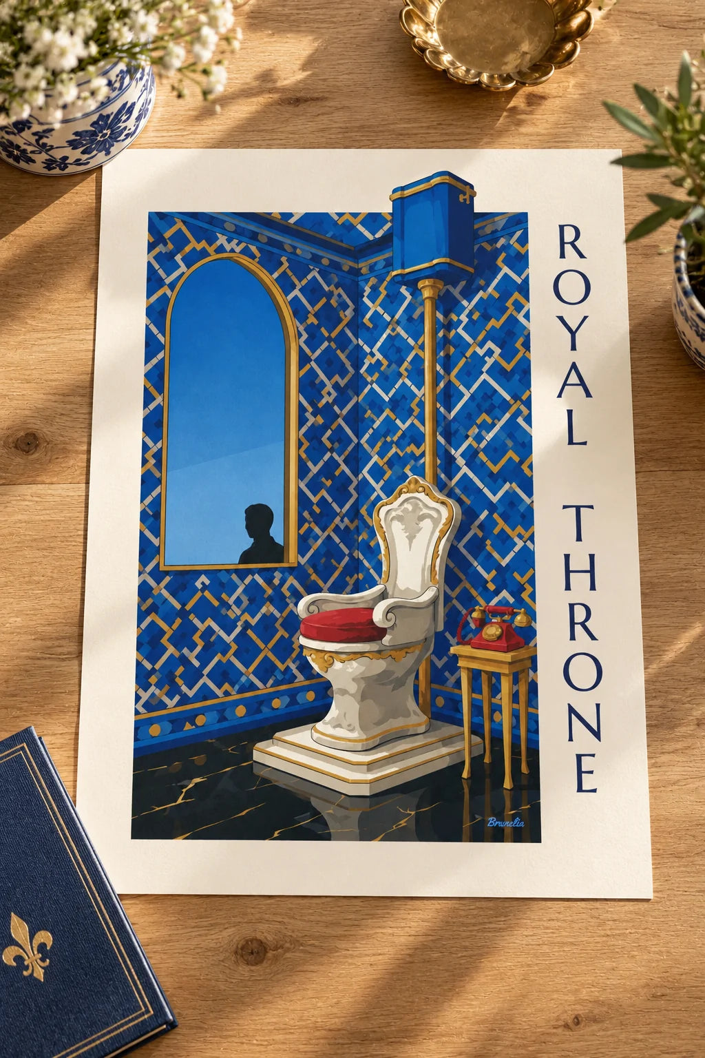 WC: Poster Toilette Königsthron und Wählscheibentelefon im Raum