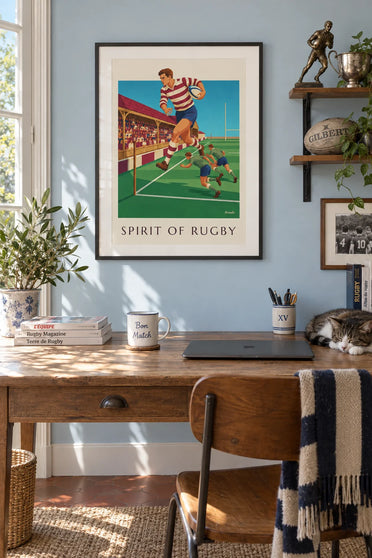 Poster Rugbyspieler im Sprint entlang der Seitenlinie: gerahmt an der Wand