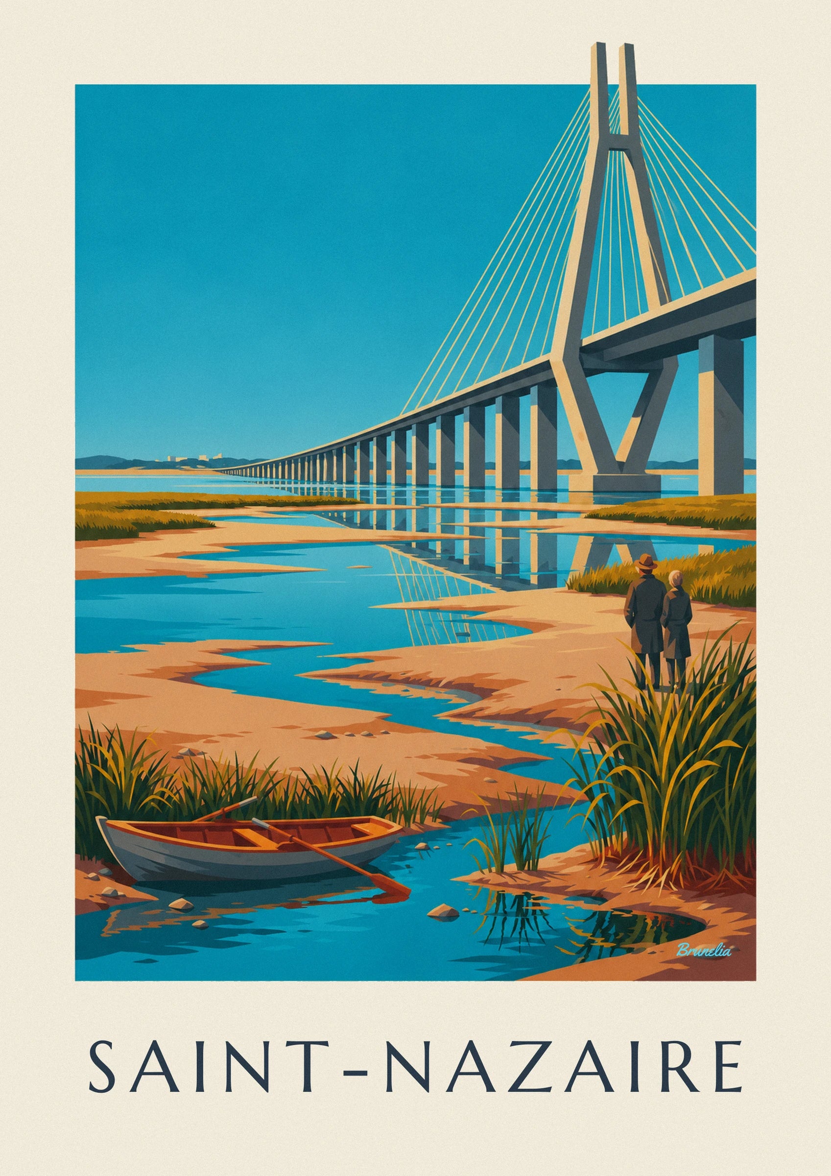 Poster Brücke von Saint-Nazaire und Boot auf der Flussmündung: Detail in Nahaufnahme