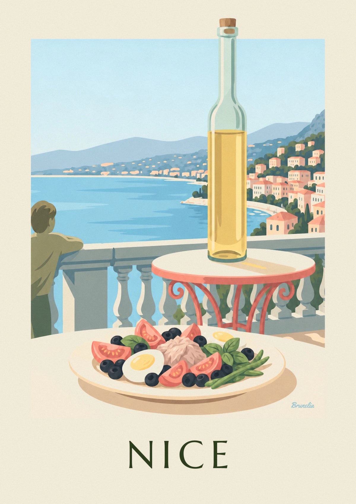Poster Salade Niçoise auf einer Terrasse mit Meerblick