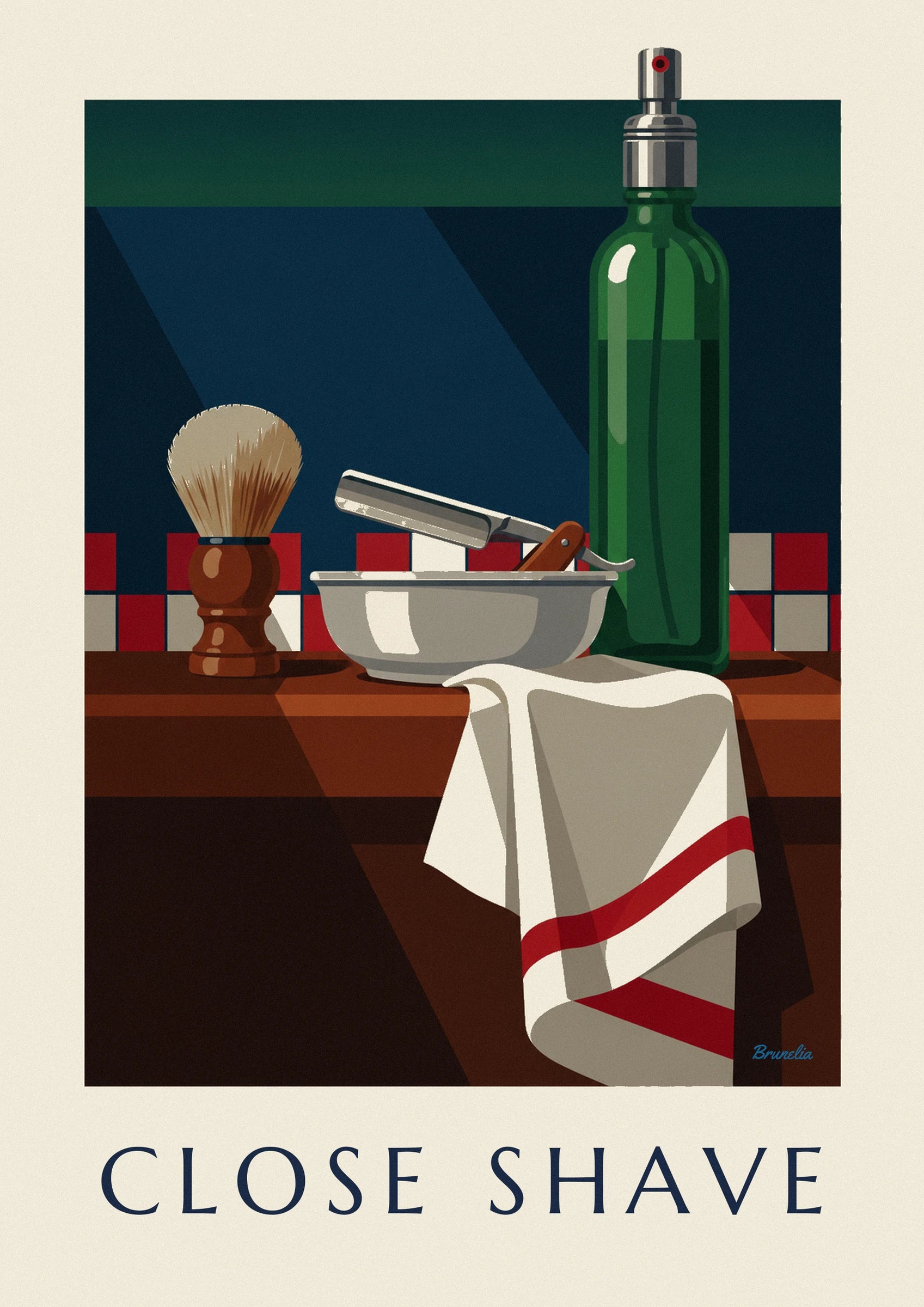 Straight razor, shaving brush and aftershave bottle poster: close-up detail
