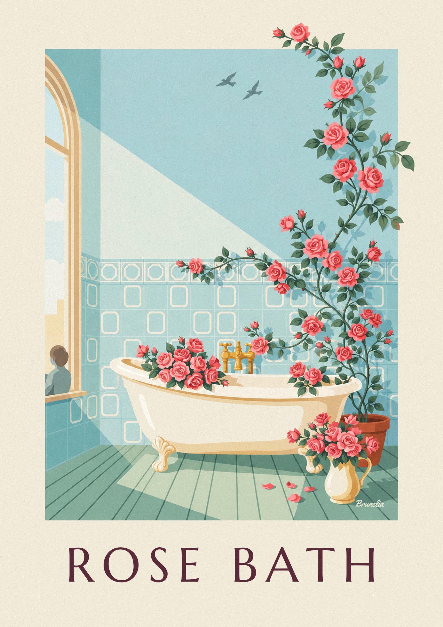 Die cremefarbene Badewanne auf goldenen Füßen, umgeben von Rosen auf einem grünen Holzboden