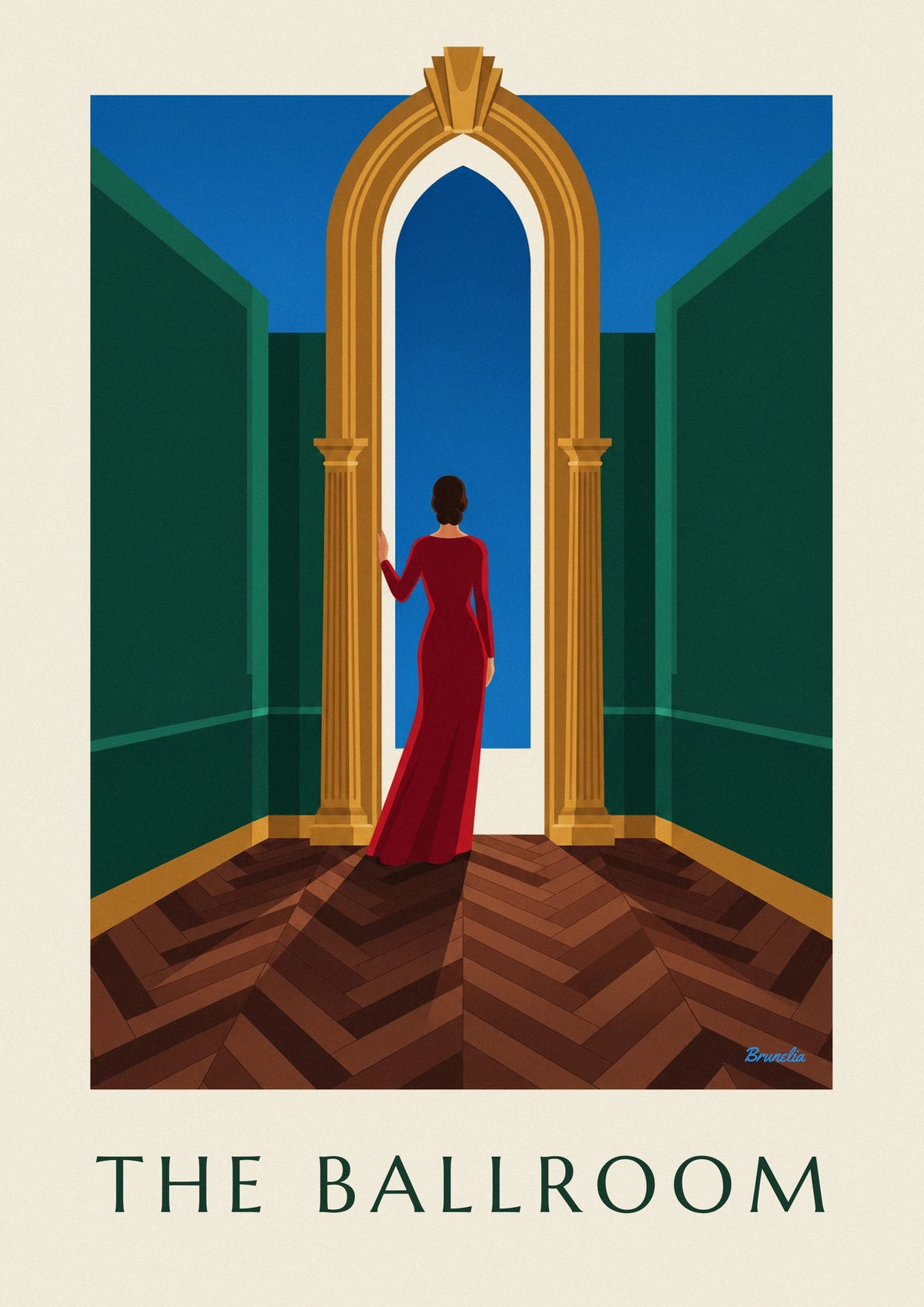 Poster Frau im roten Kleid unter einem goldenen Ballsaalbogen