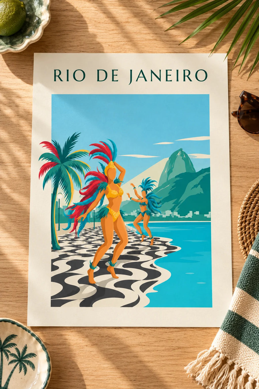 Poster of samba dancers on the Copacabana promenade in Rio: resting on a table