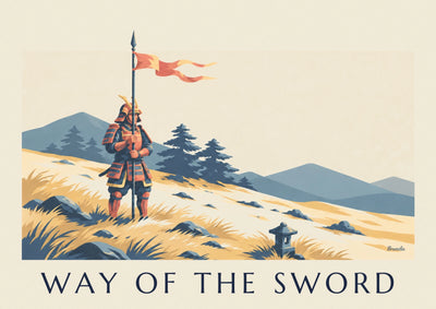 Poster mit Samurai-Krieger in Rüstung im Stil eines japanischen Holzschnitts: das ganze Poster