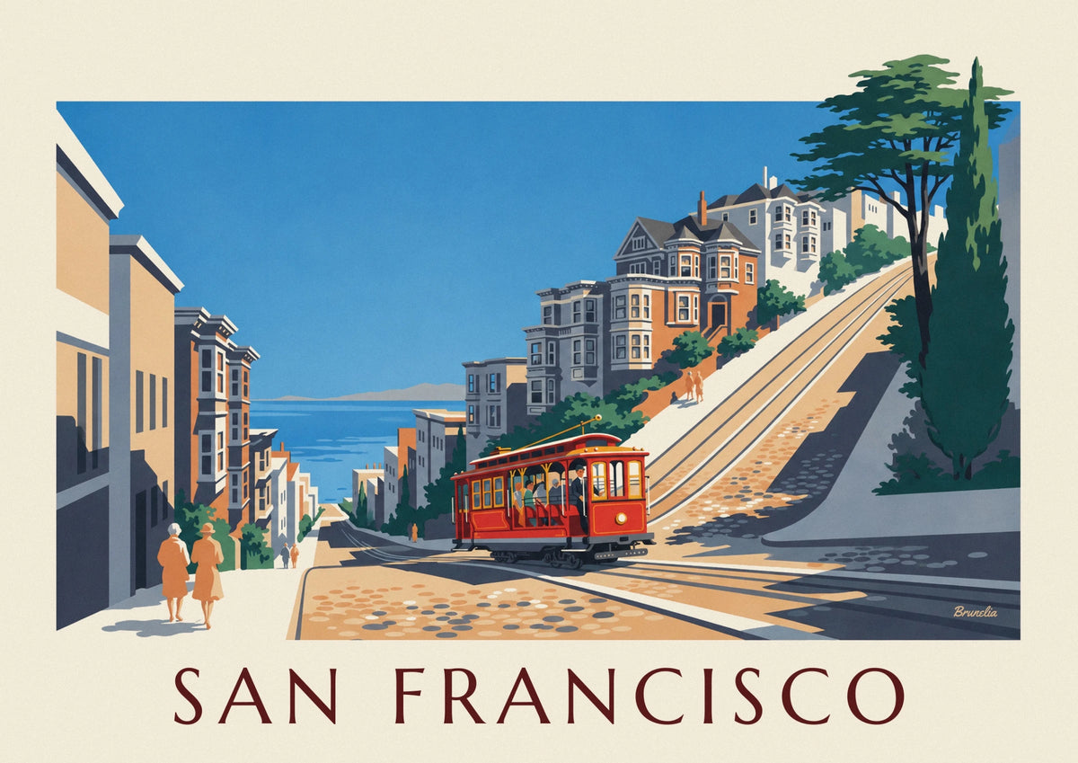 Poster Cable Car, das eine Straße in San Francisco hinaufklettert