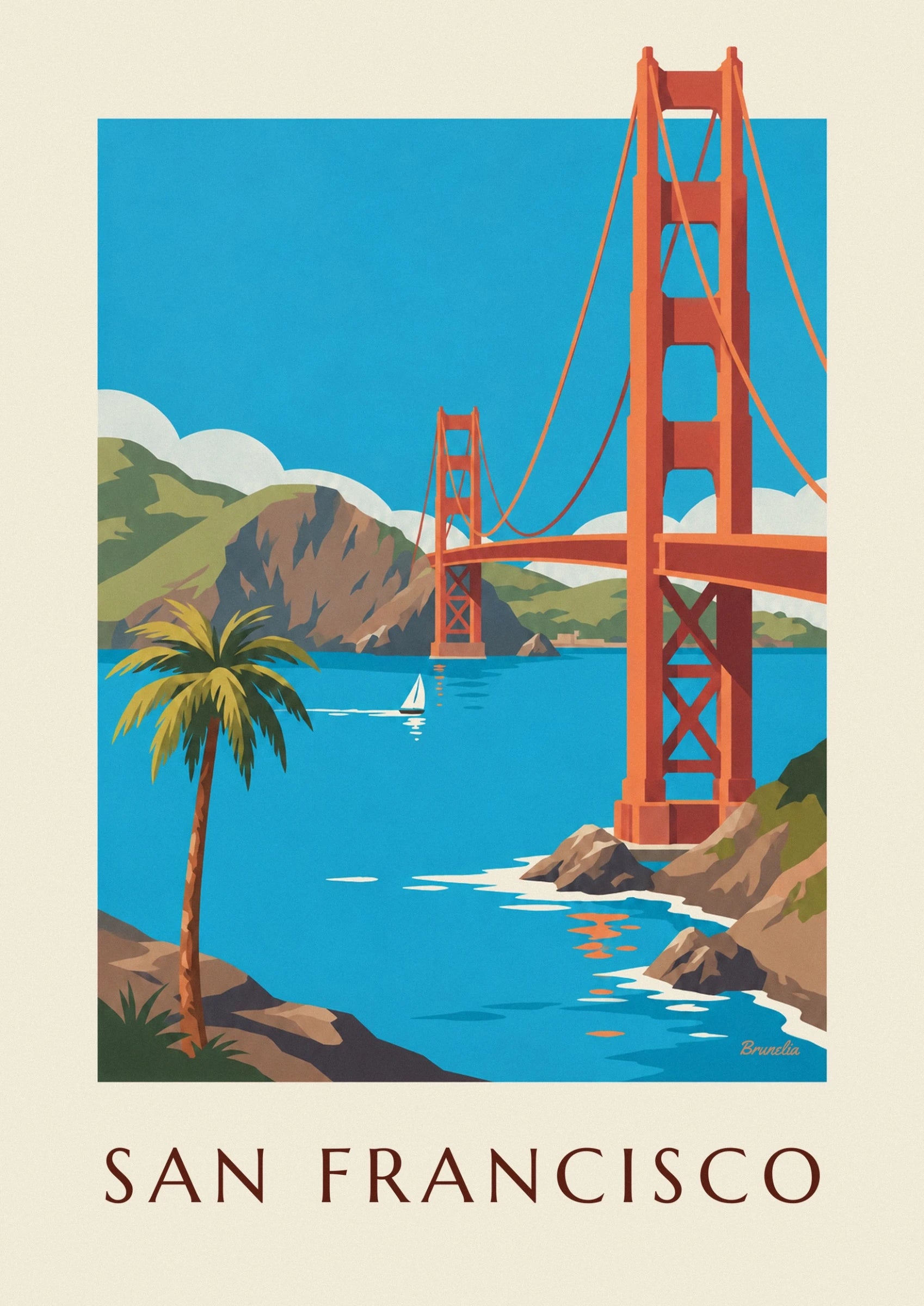 The orange-red tower of the Golden Gate and its cables against the blue sky