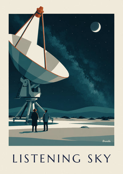 Affiche radiotélescope pointé vers un ciel étoilé dans le désert : l'affiche entière