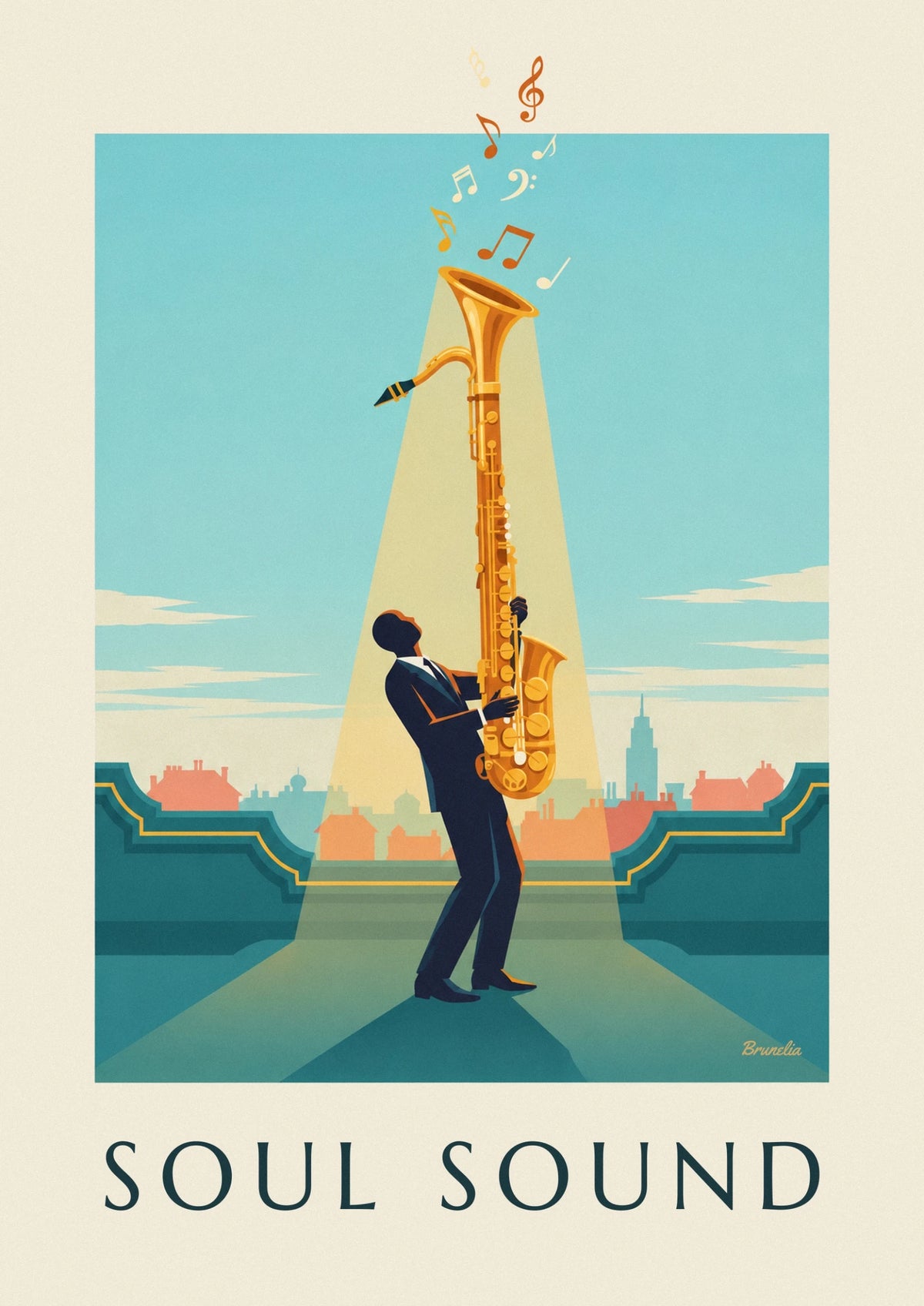 Poster goldenes Saxophon im Lichtkegel, Jazz-Wandbild