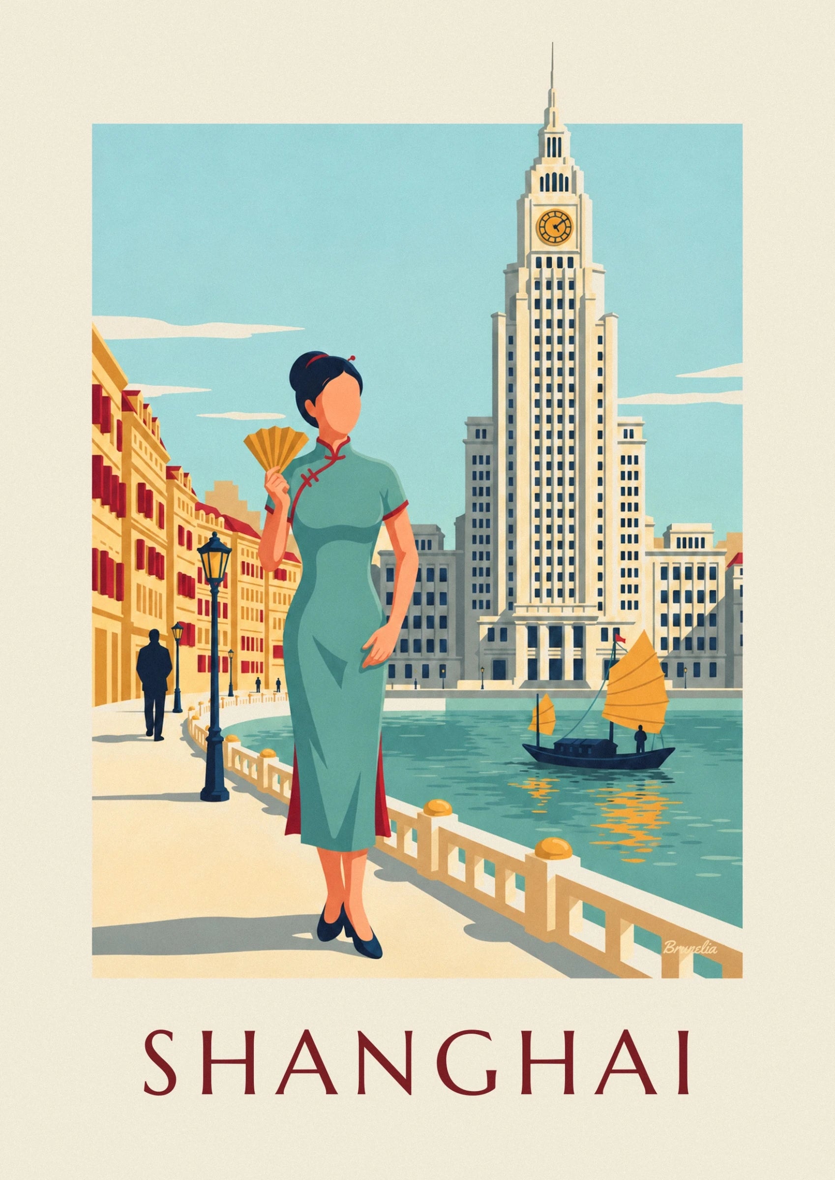 Eine Frau im grünen Qipao mit goldenem Fächer am Bund in Shanghai