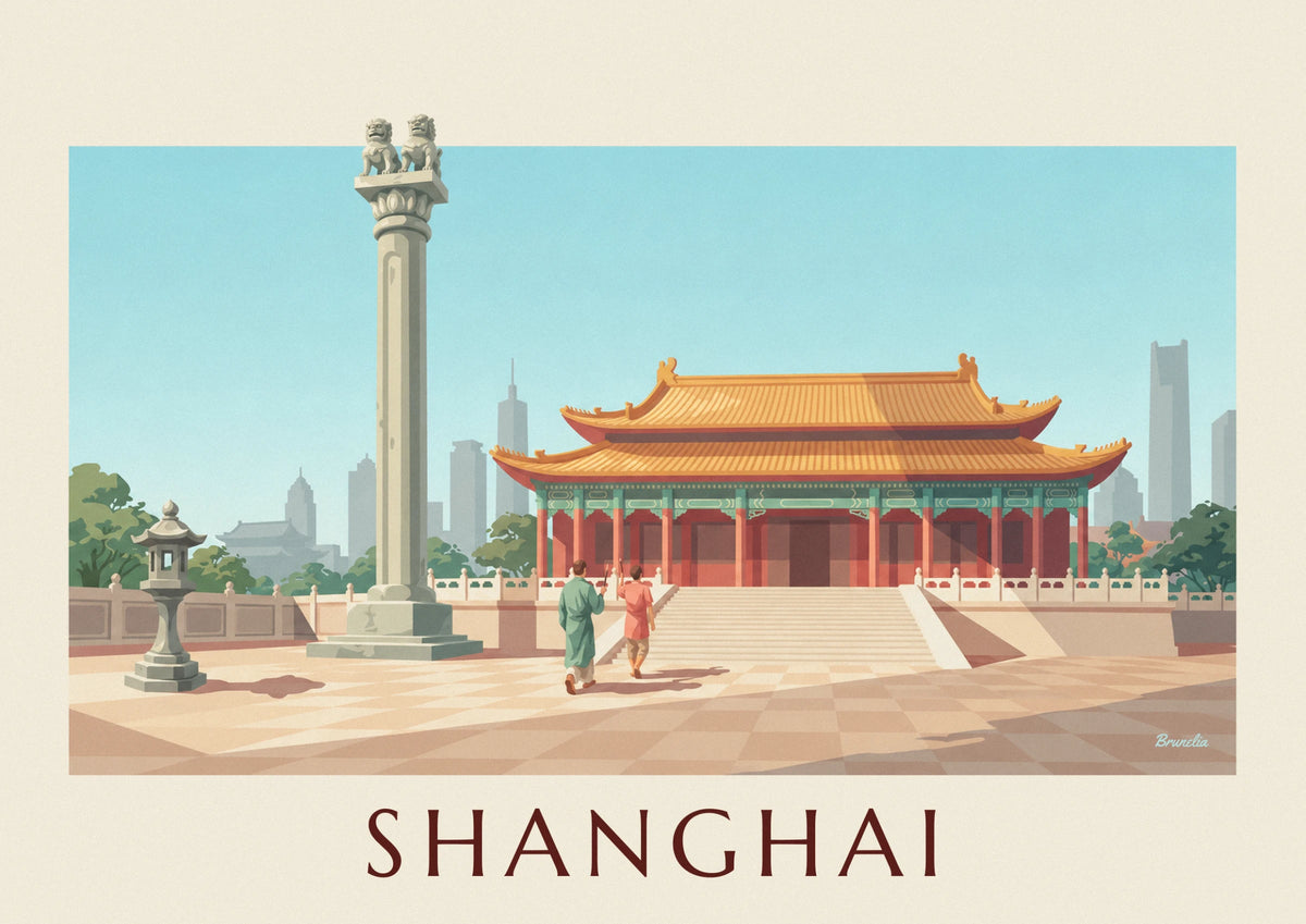 Affiche temple de Jing'an et ses pavillons dorés à Shanghai