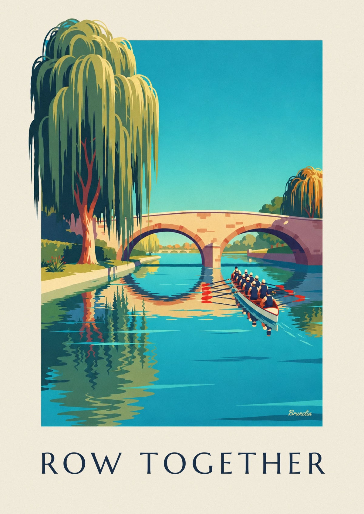 Poster Ruderer auf einem Fluss mit Weiden am Ufer