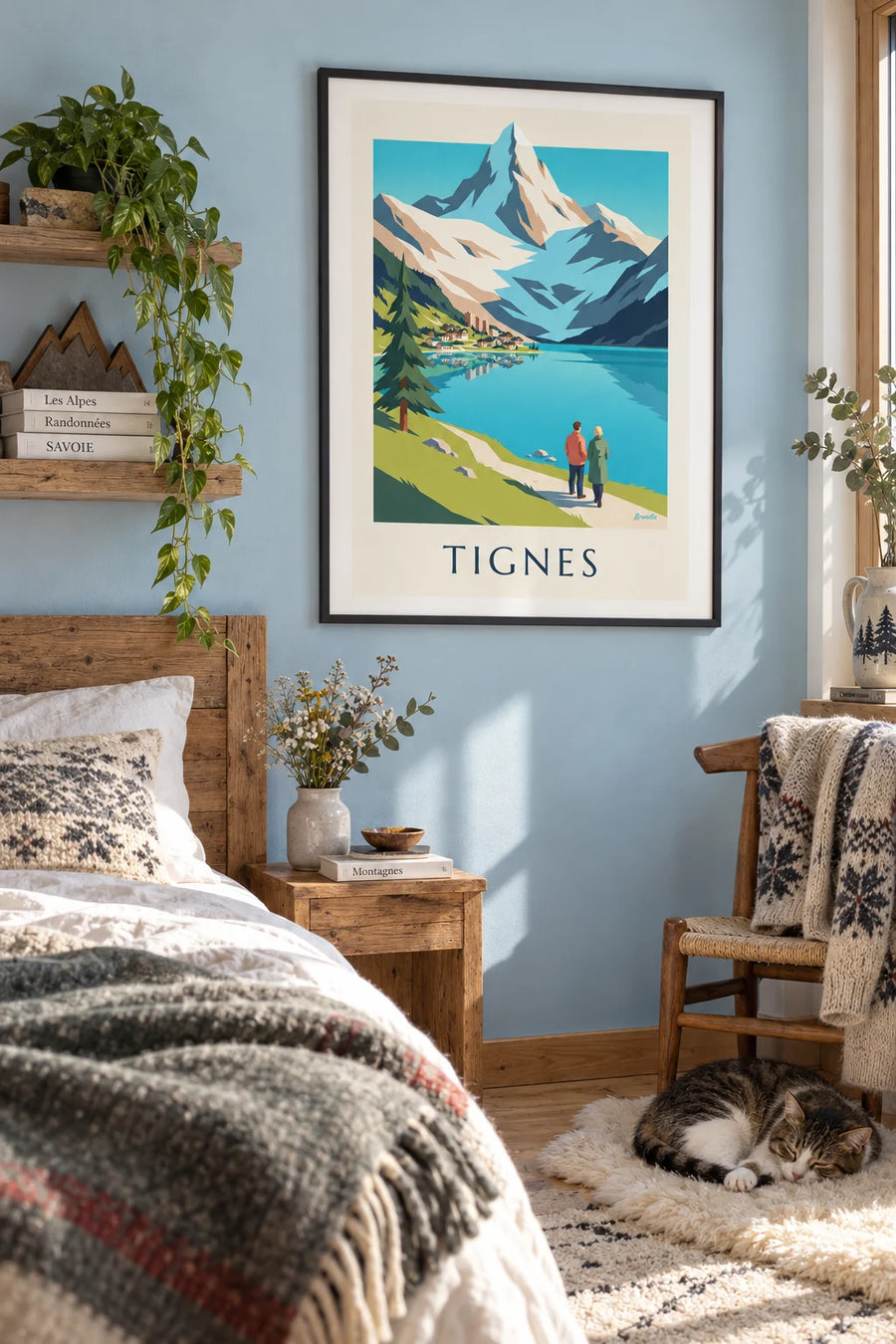 Poster mit dem See von Tignes und den verschneiten Gipfeln der Grande Motte: gerahmt an der Wand