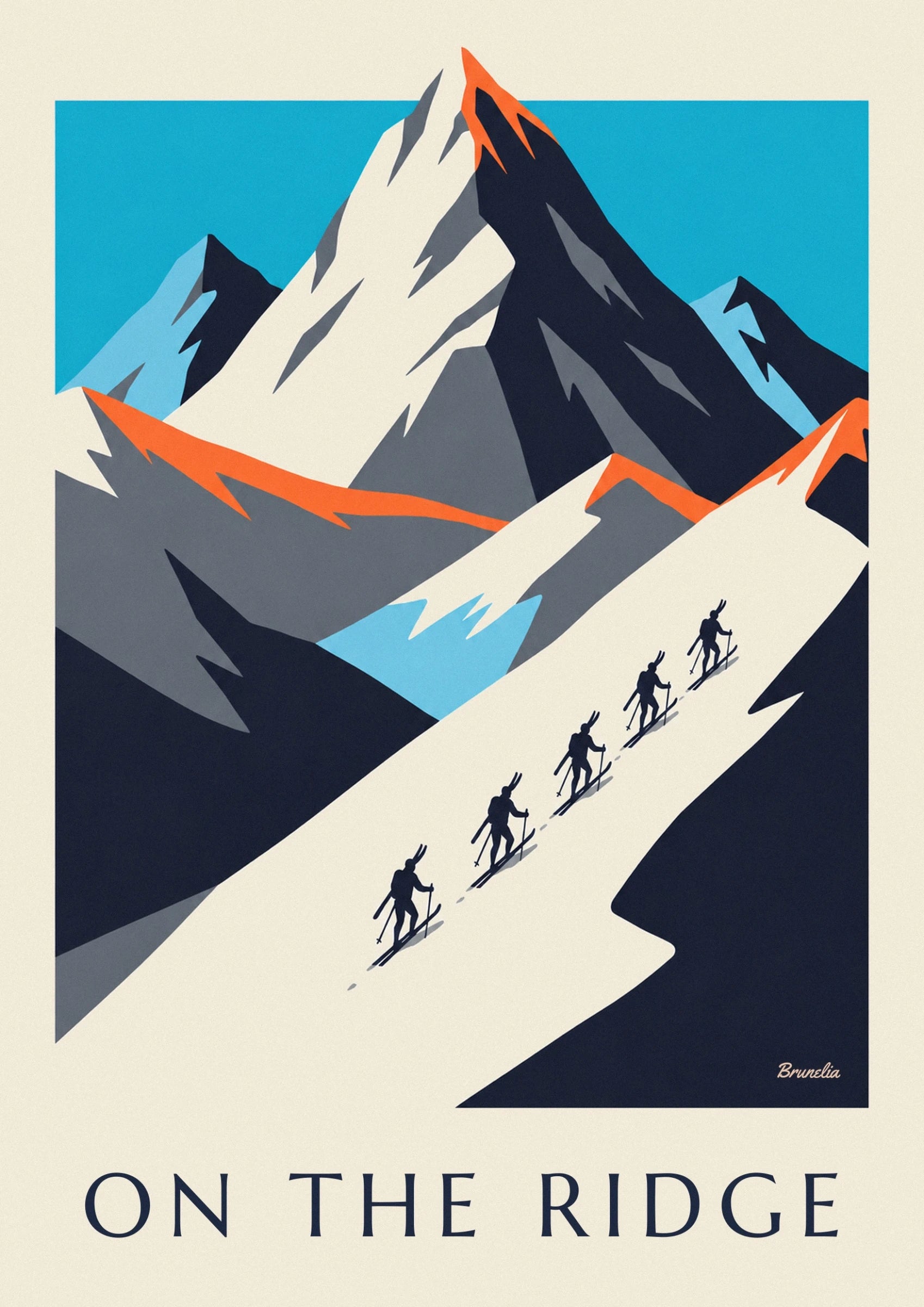 The 5 skiers in single file on the snowy slope, carrying their skis and poles