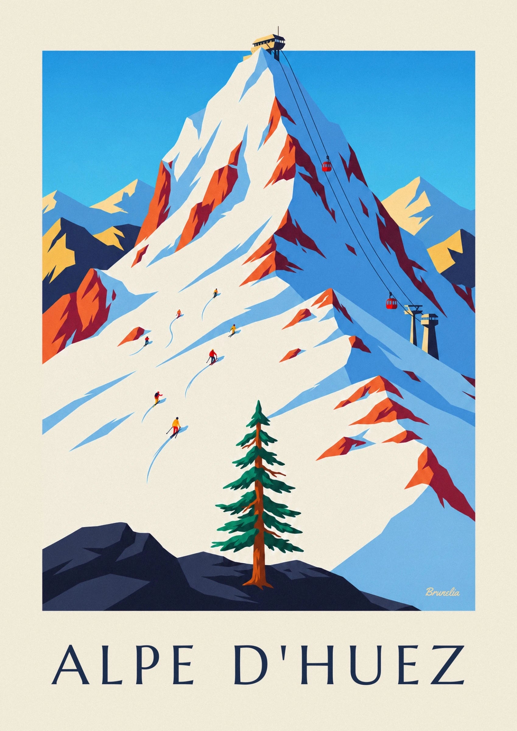 Die schneebedeckten Flanken des Pic Blanc, die orangefarbenen Felsen und die rote Seilbahn