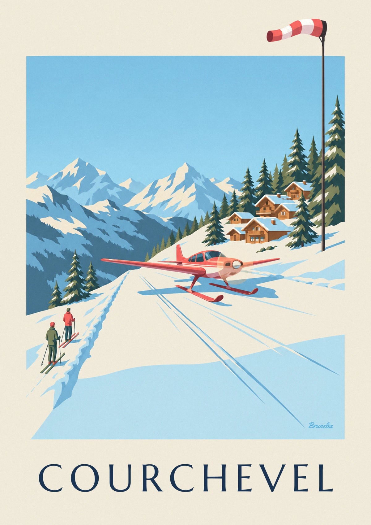 Poster Altiport Courchevel und kleines rotes Flugzeug im Schnee
