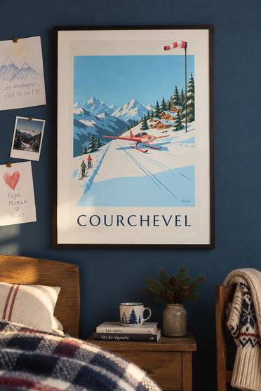 Poster Altiport von Courchevel und kleines rotes Flugzeug im Schnee: gerahmt an der Wand