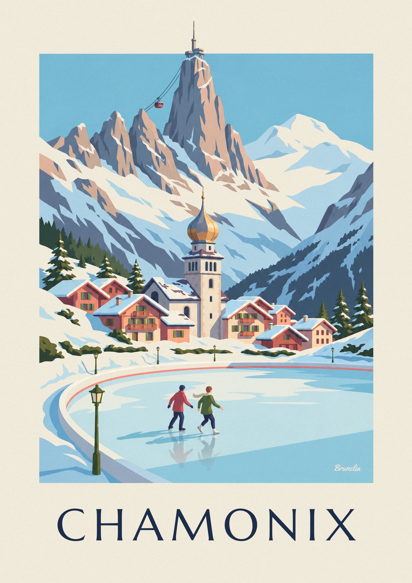 Poster Schlittschuhläufer auf der Eisbahn von Chamonix und die Aiguille du Midi: Detail in Nahaufnahme