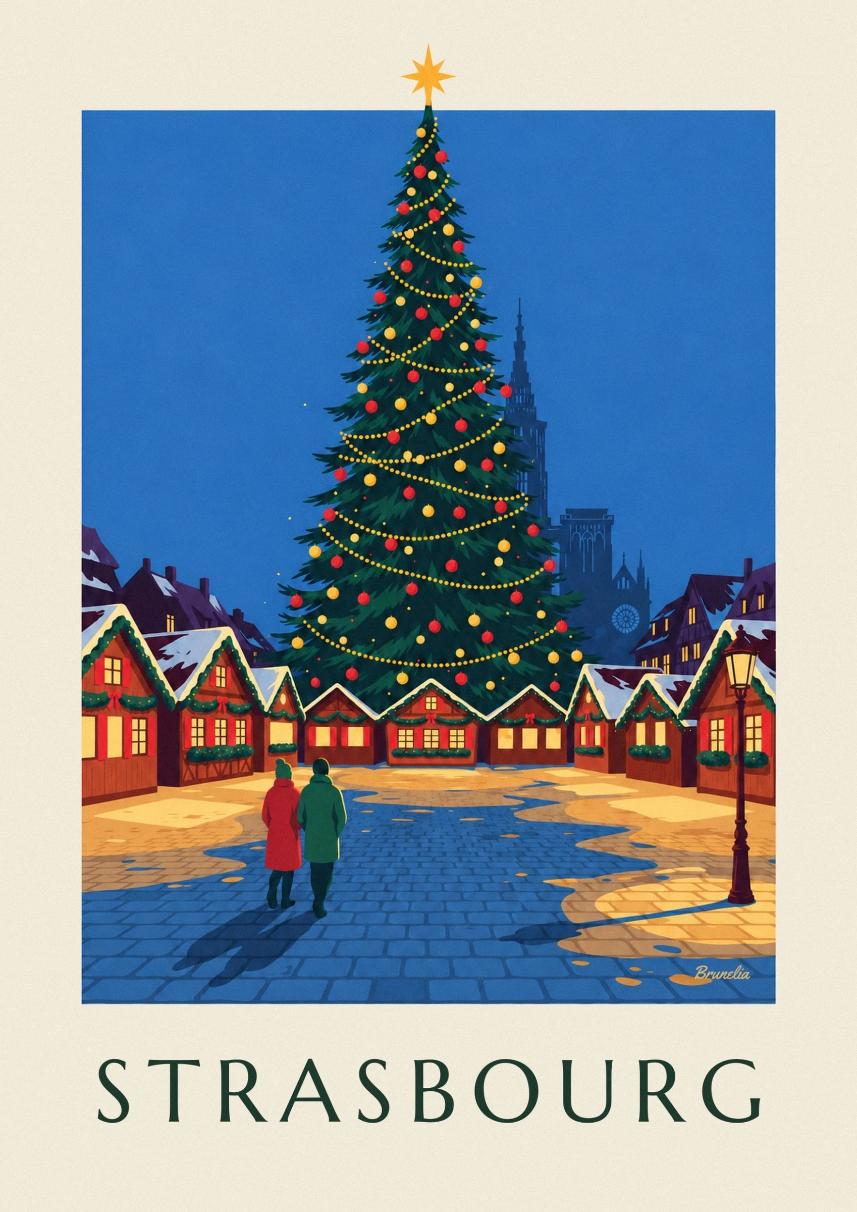 Der große Weihnachtsbaum, geschmückt mit goldenen Girlanden und roten und gelben Kugeln