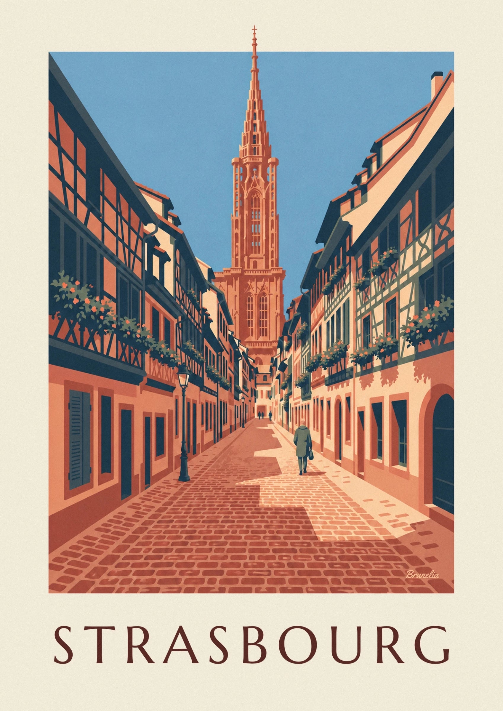 Die orangefarbene Turmspitze des Straßburger Münsters vor blauem Himmel