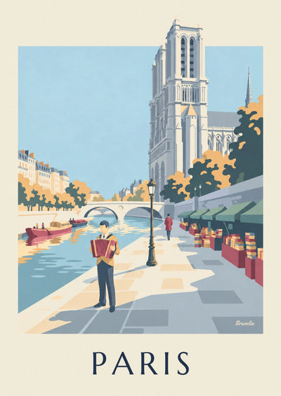 Affiche accordéoniste sur un quai de Seine à Paris : l'affiche entière