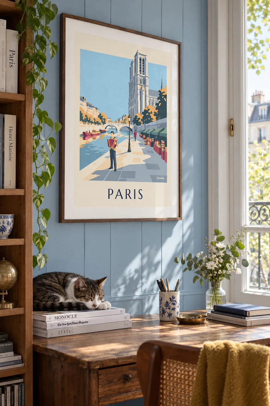 Poster Akkordeonspieler an einem Seine-Ufer in Paris: gerahmt an der Wand