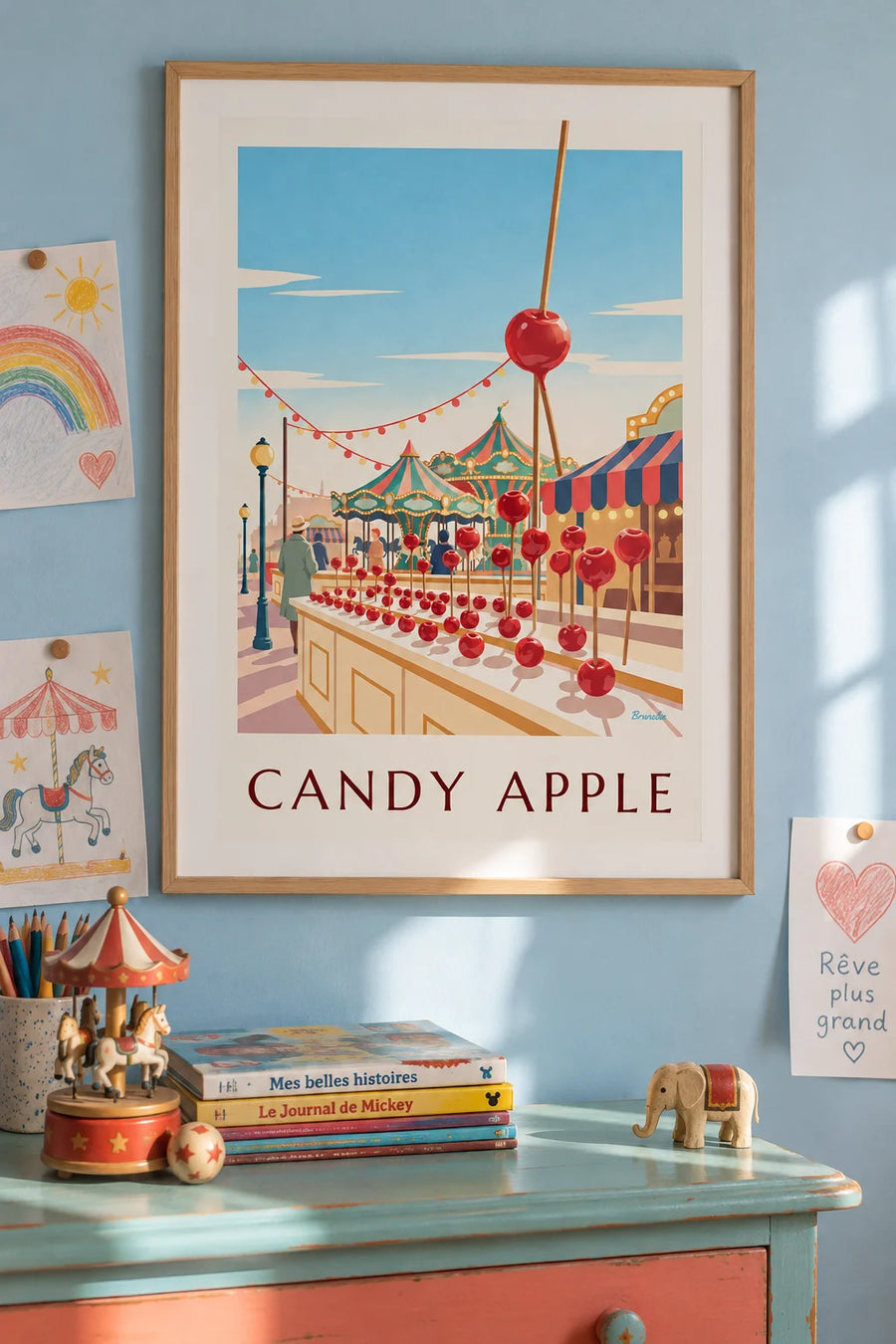 Poster Liebesapfel an einem Jahrmarktstand: gerahmt an der Wand