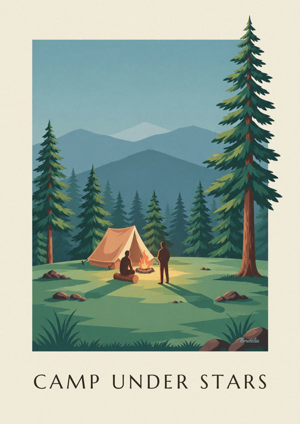 Poster Zelt und Lagerfeuer im Wald am Fuß der Berge