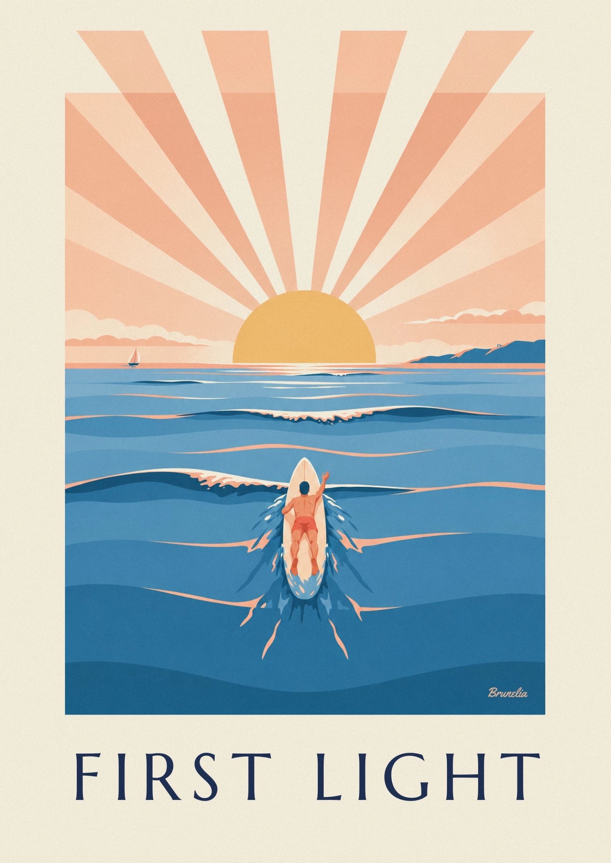 Poster Surfer paddelt bei Sonnenaufgang aufs offene Meer hinaus