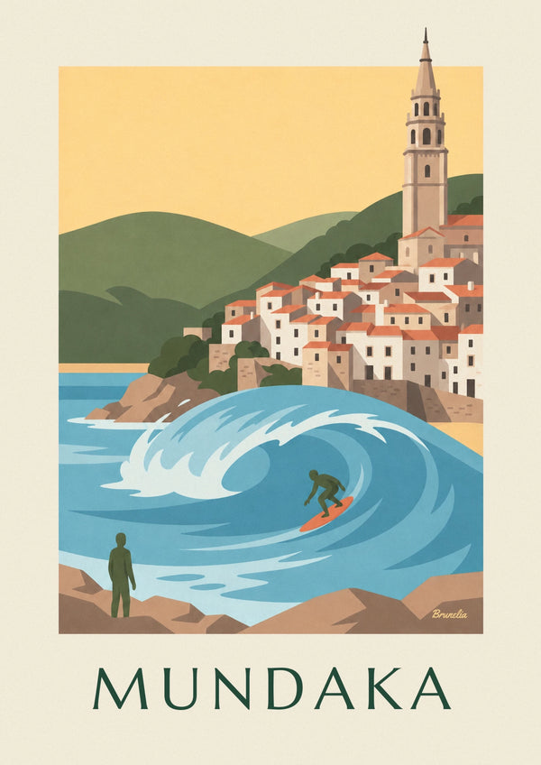Poster Surfer auf der Welle von Mundaka in Biskaya
