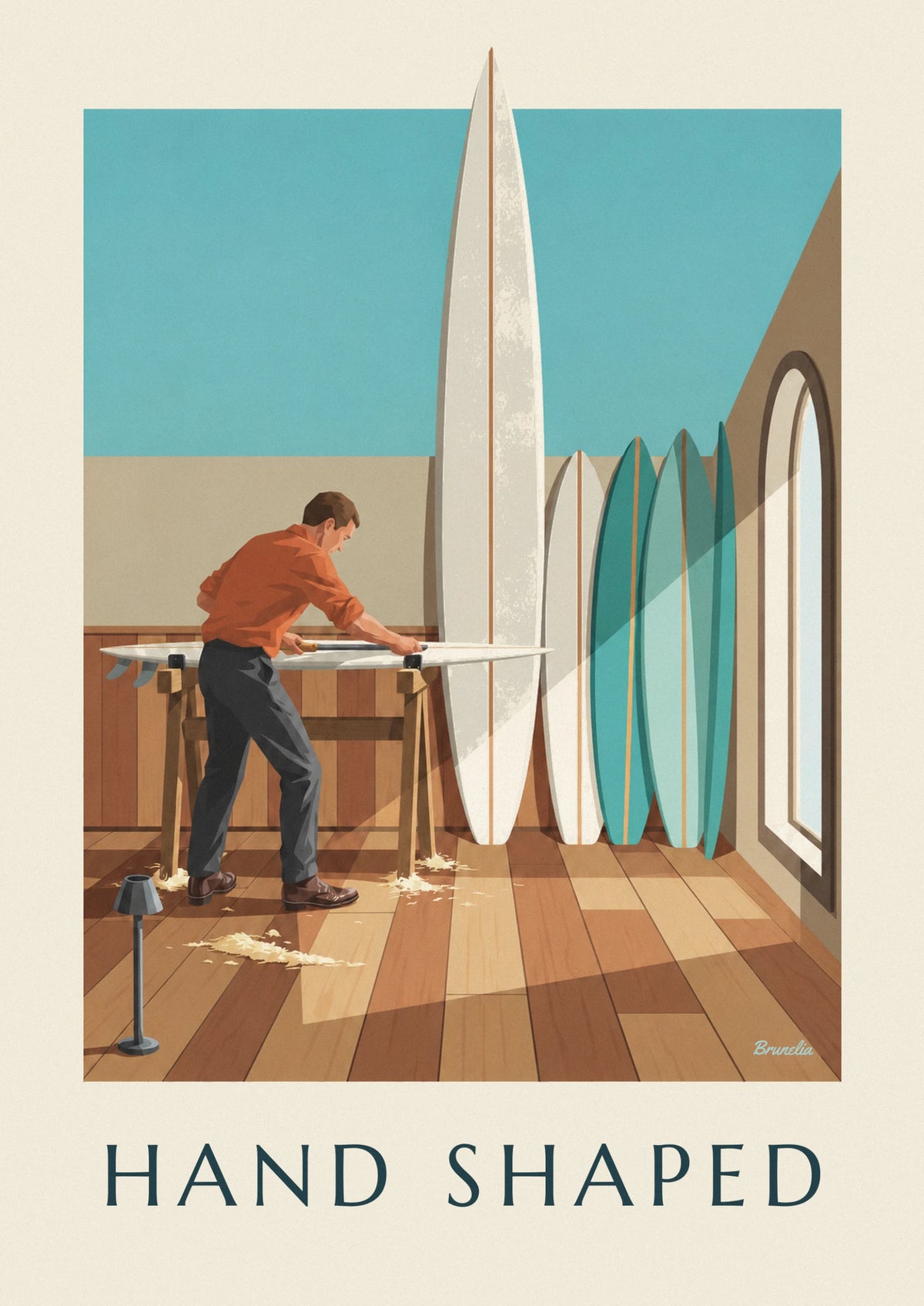 Affiche shaper sculptant une planche de surf dans son atelier
