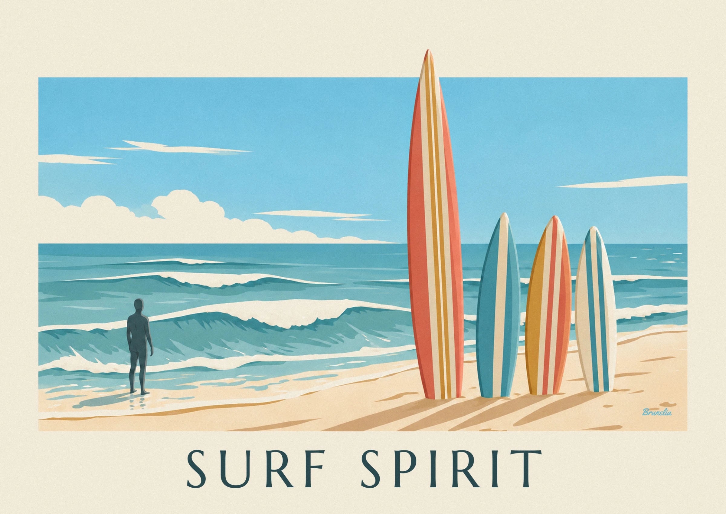 Die Surfbretter mit türkisen, cremefarbenen und korallroten Streifen auf dem goldenen Sand