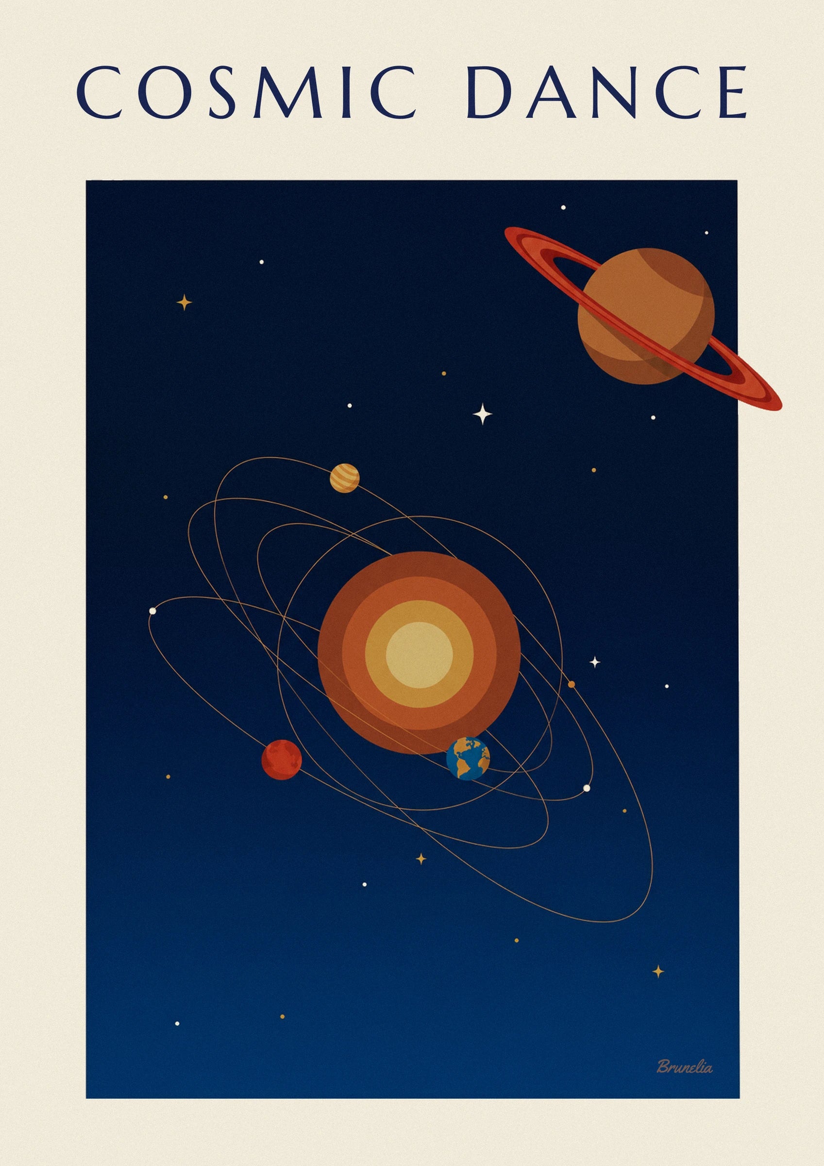 Affiche Saturne et planètes en orbite autour du Soleil sur fond bleu nuit : détail en gros plan