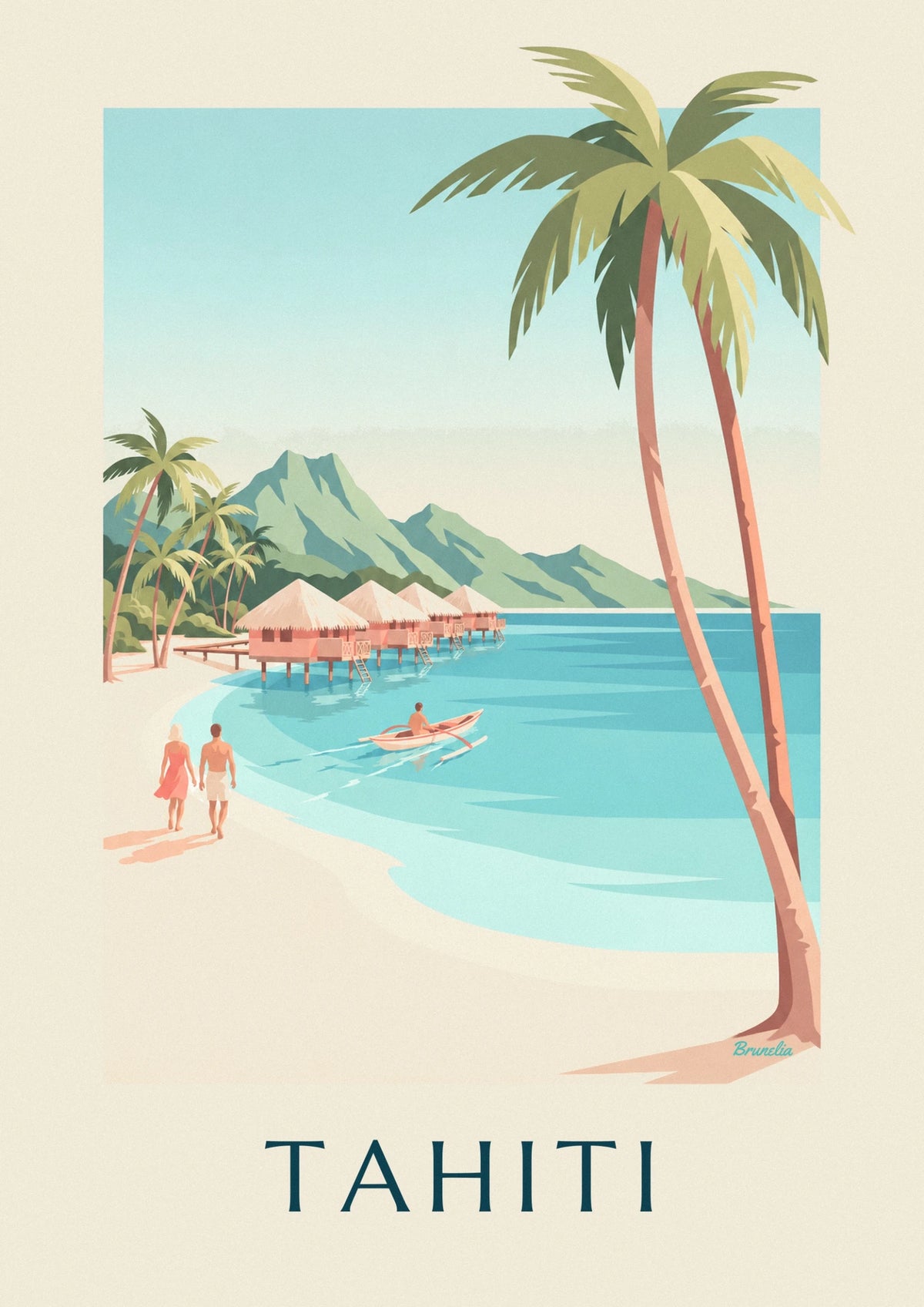 Tahiti tropical lagoon and overwater bungalows poster