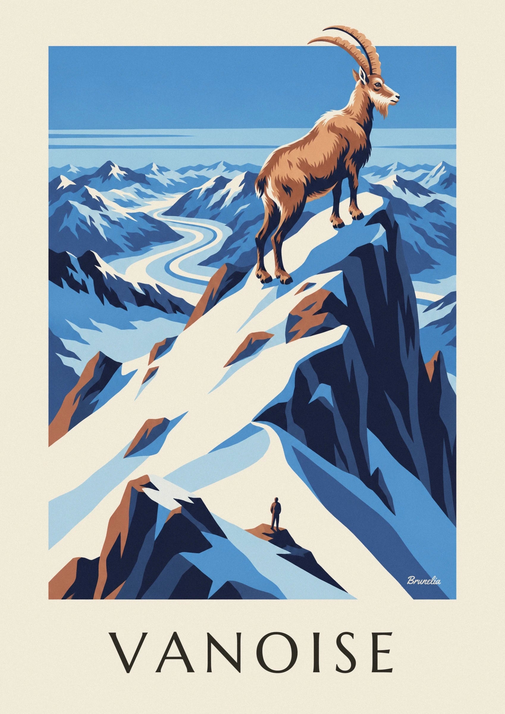 Der Steinbock mit langen, gebogenen Hörnern auf einem verschneiten Gipfel in der Vanoise
