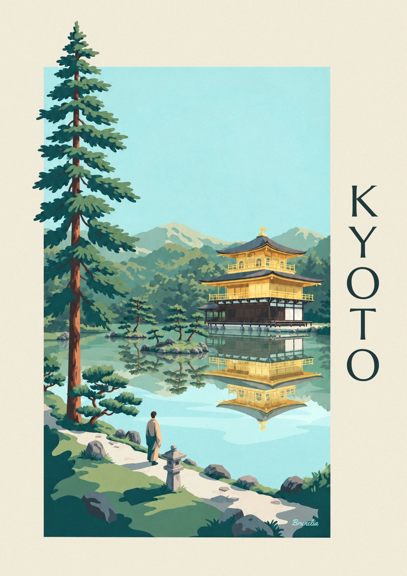 Der Goldene Pavillon von Kyoto, seine dunklen Dächer und sein Spiegelbild im Teich