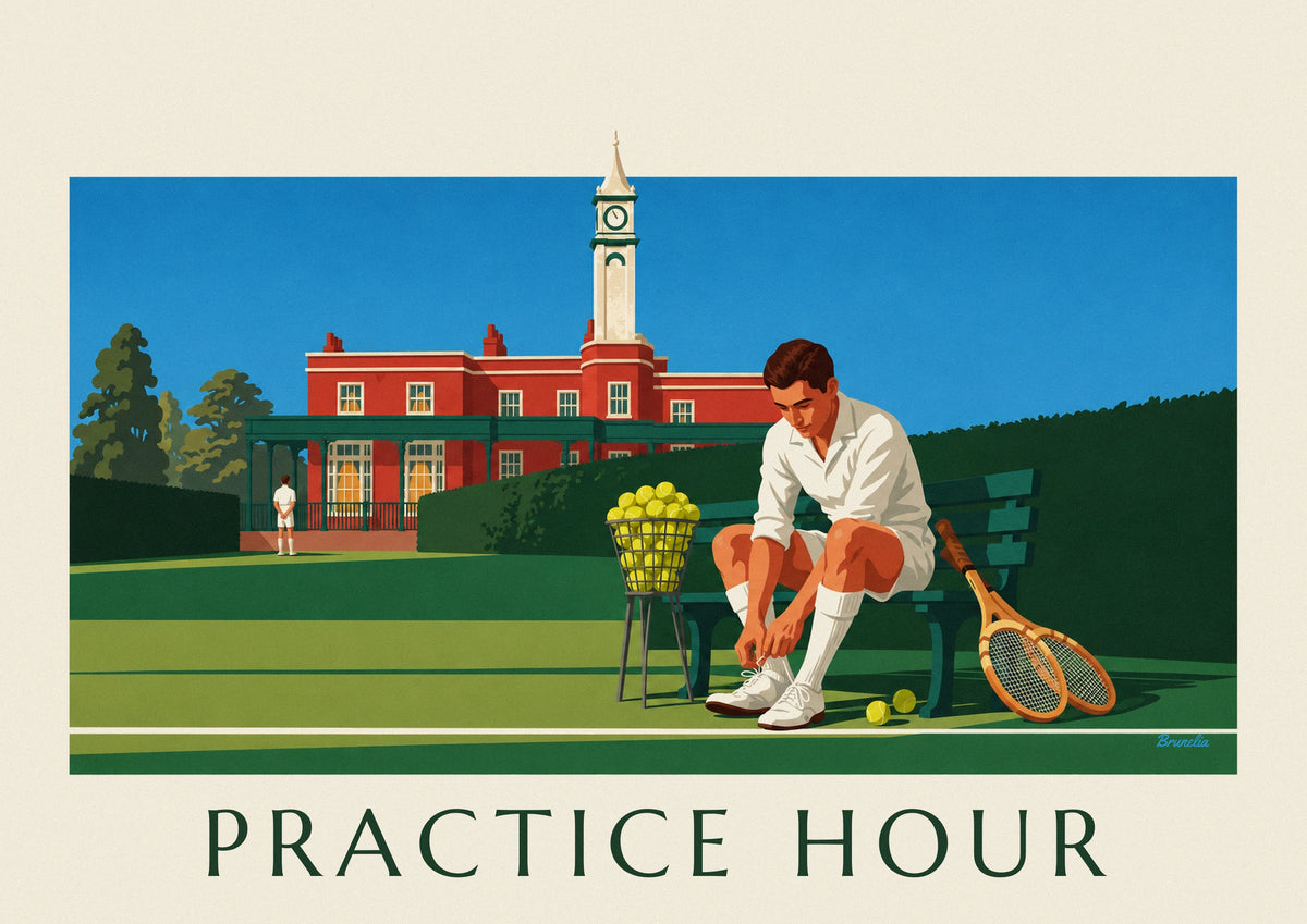 Poster Tennisspieler beim Schuhebinden vor einem Clubhaus