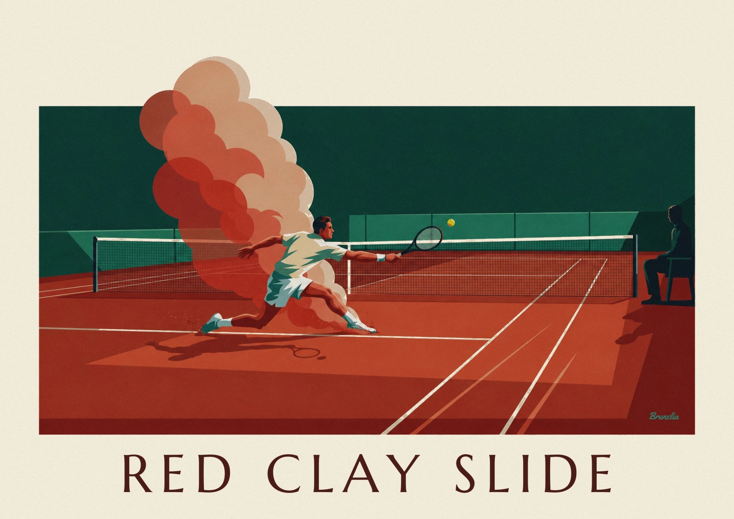 The white lines of the clay court and the net against a green background