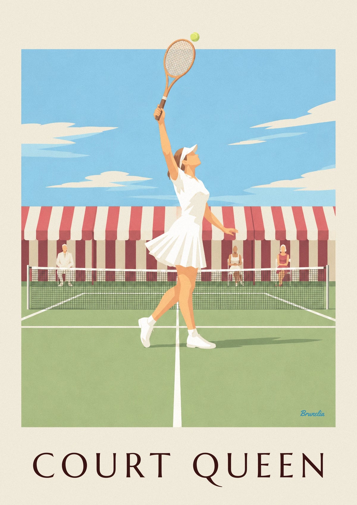 Poster Tennisspielerin im Faltenrock und mit Visor auf Rasen