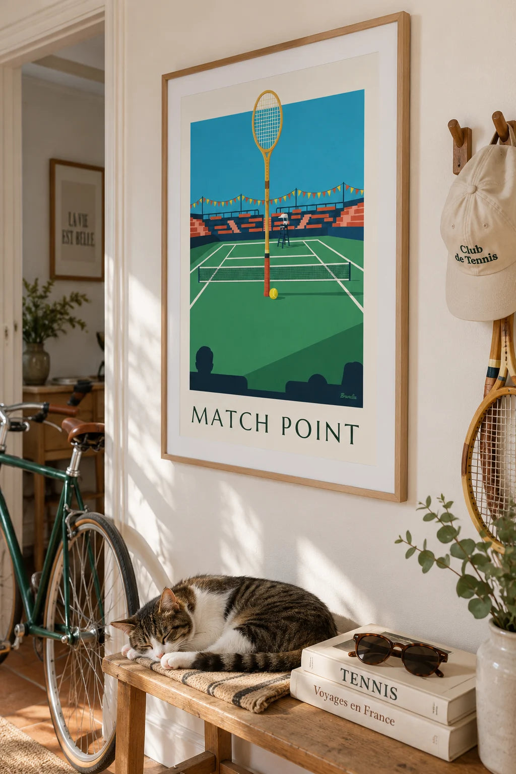 Poster of a tennis racket and ball on the baseline: framed on the wall